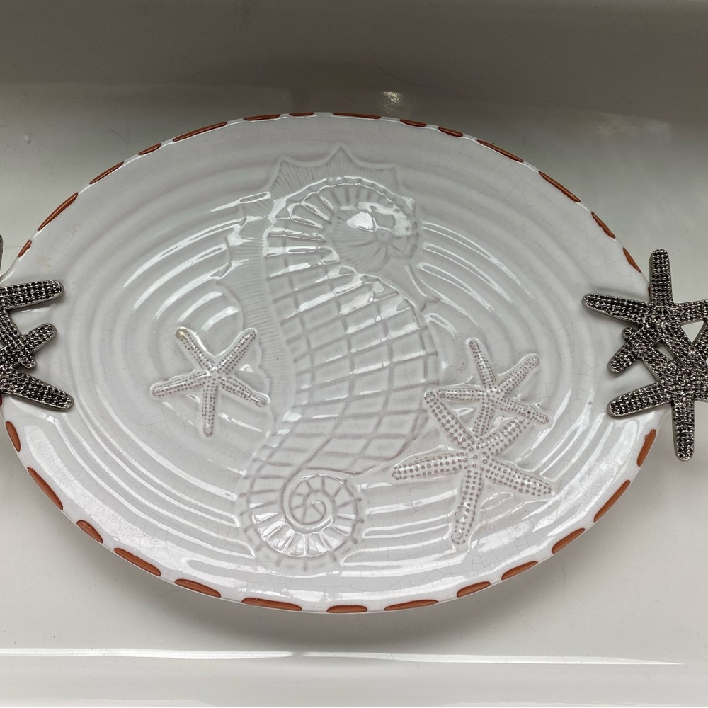 BNWT MUD PIE White Starfish Platter and Serve ware Set w/ Silver Olive Design - Picture 11 of 15